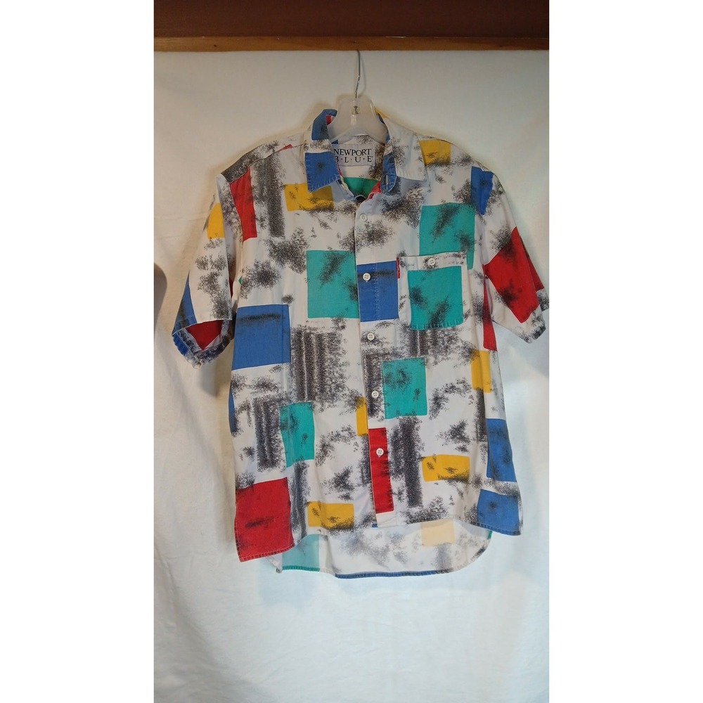 Vintage Newport Blue 90s Colorblock Button Down Shirt Short Sleeve Mens Medium